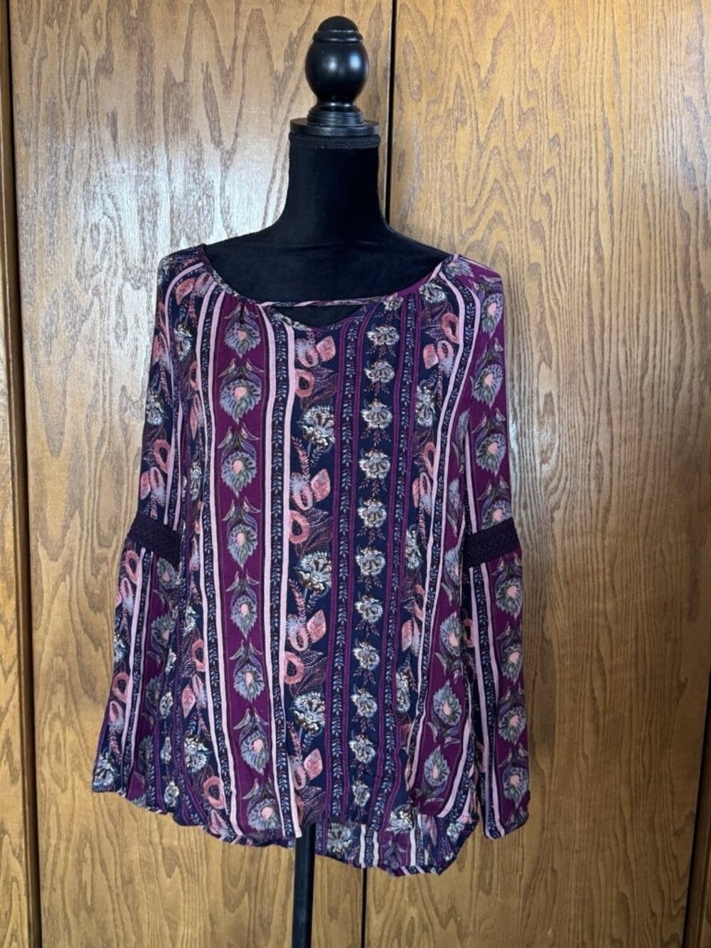 Ruff Hewn Womens Peasant Blouse Top Shirt Size Large Purple Navy Long Sleeve